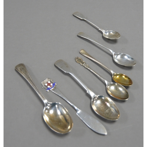 411 - VICTORIAN ENGRAVED SILVER CHILD’S SPOON, London 1871, together with FIVE VICTORIAN AND LATER SILVER ... 