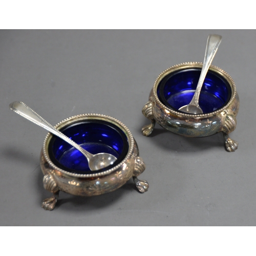 412 - PAIR OF VICTORIAN SILVER OPEN SALTS, each of circular, bellied form with paw feet, beaded borders an... 