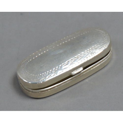 415 - ANTIQUE STYLE MODERN SILVER PILL BOX, of rounded oblong form with bright cut border, 2” (5.1cm) long... 