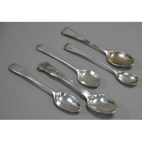 420 - FOUR GEORGE III AND LATER SILVER TEASPOONS including a KINGS PATTERN EXAMPLE, crested, London 1825, ... 