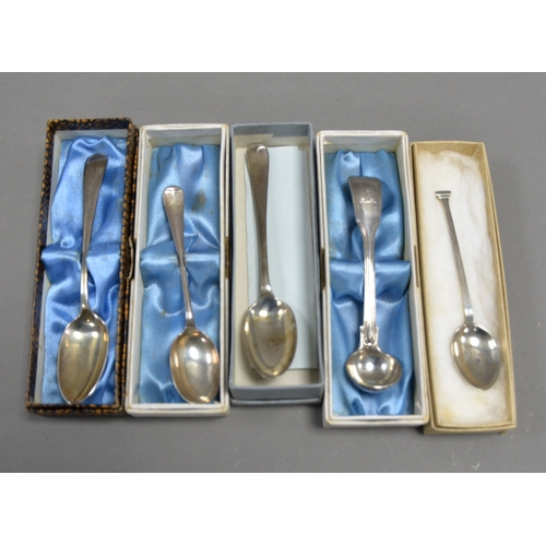 421 - FIVE VICTORIAN AND LATER SILVER SMALL SPOONS, including a FIDDLE AND THREAD PATTERN MUSTARD SPOON BY... 