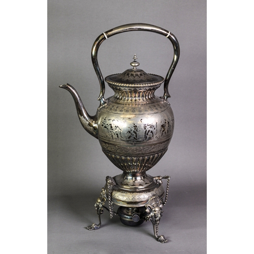 532 - VICTORIAN ENGRAVED ELECTROPLATED LARGE SPIRIT KETTLE ON STAND WITH BURNER, of part fluted form with ... 