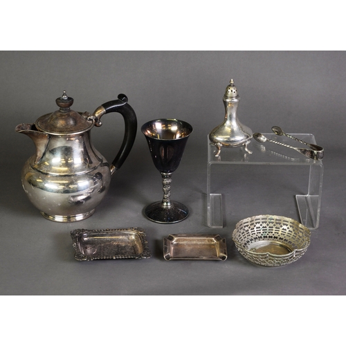 534 - SMALL, MIXED LOT OF ELECTROPLATE, comprising: HOT WATER JUG, GOBLET, PEPPERETTE, PAIR OF SUGAR TONGS... 