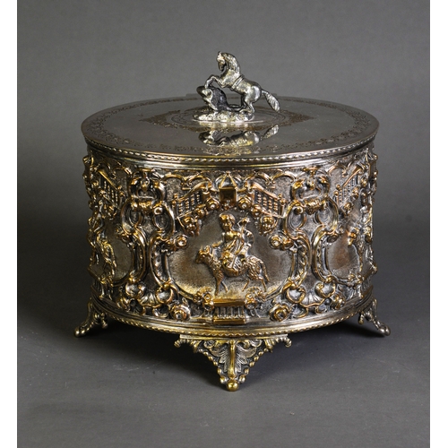 535 - IMPRESSIVE VICTORIAN ELECTROPLATED BISCUIT BARREL, of oval form with acanthus capped feet and rearin... 