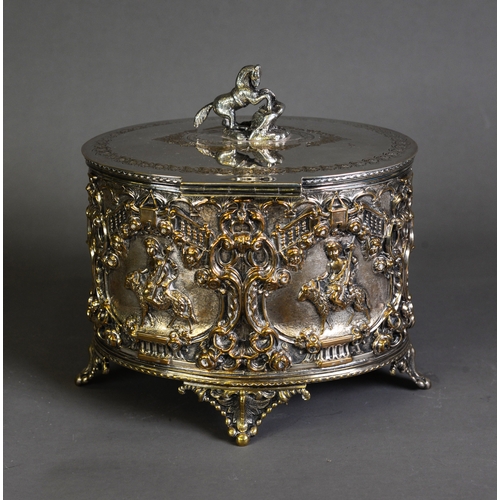 535 - IMPRESSIVE VICTORIAN ELECTROPLATED BISCUIT BARREL, of oval form with acanthus capped feet and rearin... 