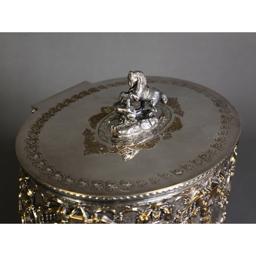 535 - IMPRESSIVE VICTORIAN ELECTROPLATED BISCUIT BARREL, of oval form with acanthus capped feet and rearin... 