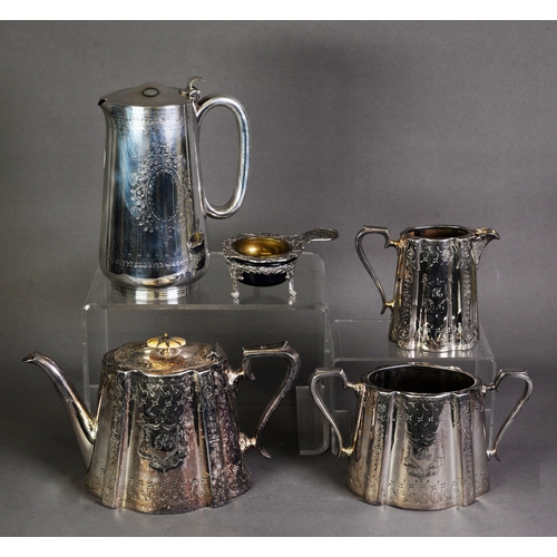 538 - THREE PIECE ENGRAVED ELECTROPLATED TEASET, of tapering, oval form, decorated with stylised floral bo... 