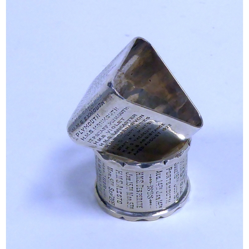 381 - EDWARDIAN SILVER, BROAD TRIANGULAR NAPKIN RING, engraved R.E. Chilcott and with the names of warship... 