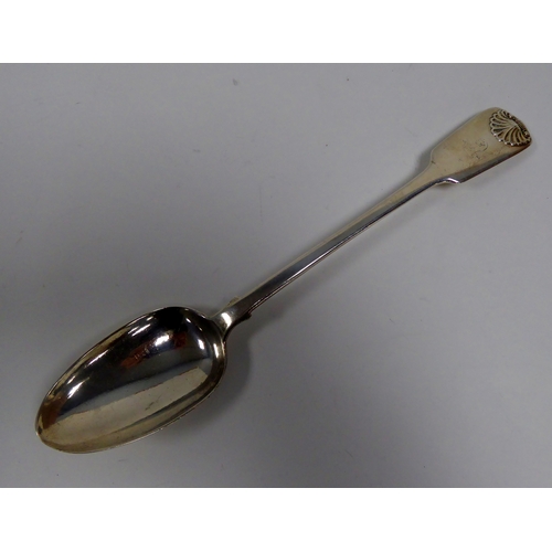 385 - VICTORIAN SILVER LARGE GRAVY SPOON, fiddle and shell pattern, engraved with a leopard's head over co... 