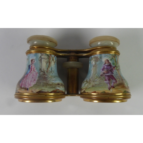 115 - FINE PAIR OF OPERA GLASSES, gilt brass with mother of pearl eye pieces, the bodies enamelled with ga... 