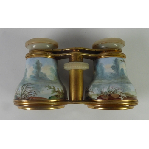 115 - FINE PAIR OF OPERA GLASSES, gilt brass with mother of pearl eye pieces, the bodies enamelled with ga... 