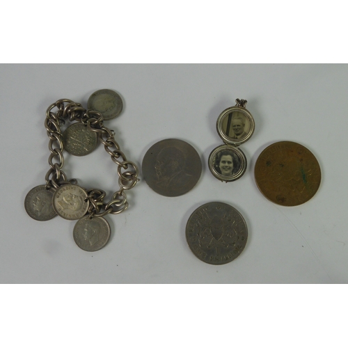 338 - SILVER CURB PATTERN CHAIN BRACELET, with five silver three pence coin charms; a silver small circula... 