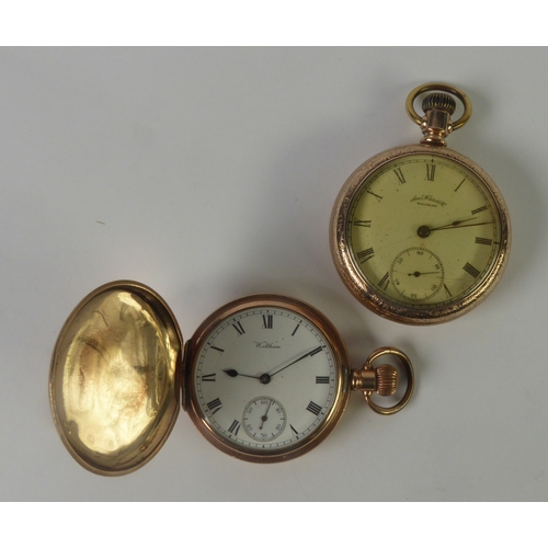 96 - WALTHAM ROLLED GOLD HUMNTER POCKET WATCH WITH KEYLESS 15 JEWELS MOVMENT THE WHITE ROMAN DIAL having ... 