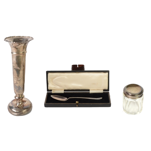 459 - THREE PIECES OF SILVER, comprising: CASED CHILD’S SPOON, Sheffield 1930, TRUMPET VASE, 6 ½” (16.5cm)... 