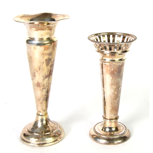 467 - TWO WEIGHTED SILVER TRUMPET VASES, one with wavy rim, 6” (15.2cm) high, Birmingham 1942, the other, ... 