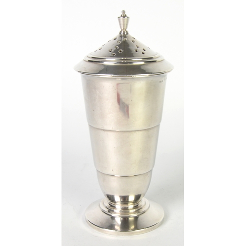 482 - ART DECO STYLE SILVER PEDESTAL CASTER WITH WHITE PLASTIC/ BAKELITE LINER, of stepped, tapering form ... 