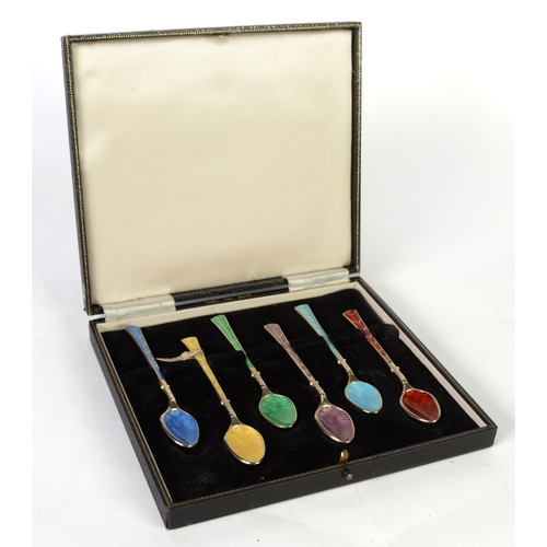 486 - CASED SET OF SIX SILVER AND HARLEQUIN GUILLOCHE ENAMELLED COFFEE SPOONS, Birmingham 1960, 1.90ozt