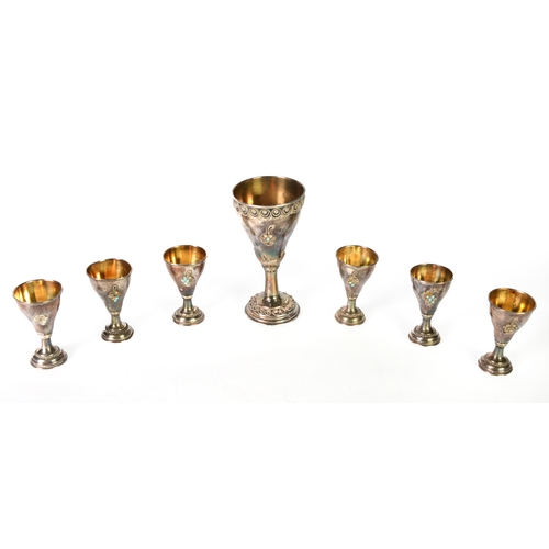 350 - SEVEN PIECE BLUE STONE SET ISRAELI SILVER COLORED METAL (935) STANDARD CEREMONIAL SET OF GOBLETS, al... 