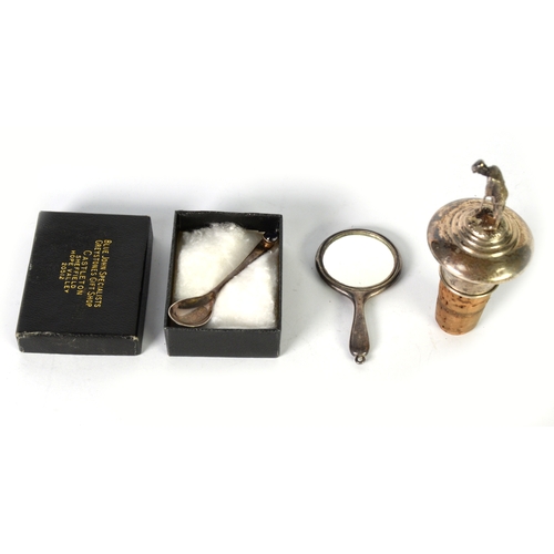 376 - THREE SMALL ITEMS OF SILVER, comprising: MINIATURE HAND MIRROR, SALT SPOON with blue john stone set ... 