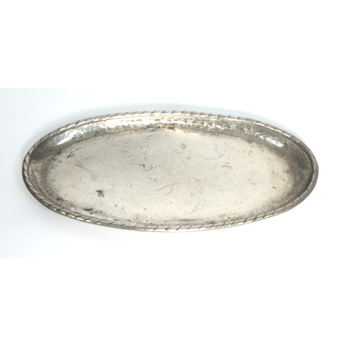 561 - HUGH WALLACE, PLANISHED STAINLESS STEEL SMALL OVAL SHALLOW TRAY, with rope twist type border, 12” X ... 