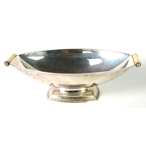 428 - GEORGE V ART DECO SILVER AND IVORY PEDETAL DISH BY ADIE BROTHERS, of oblong form with cylindrical ha... 