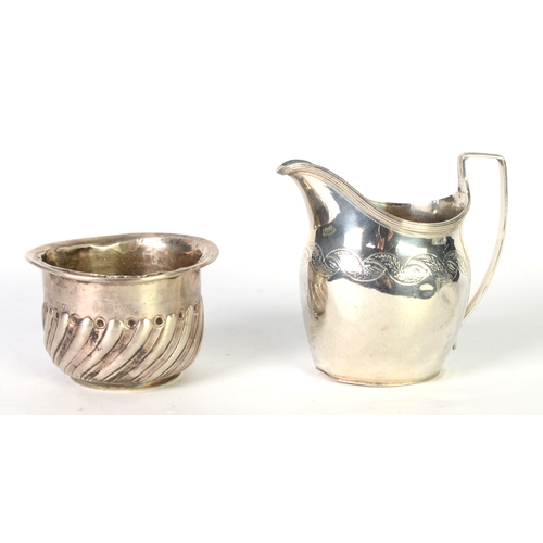 454 - GEORGE III SILVER BRIGHT-CUT CREAM JUG with reeded edge and angular loop handle, London 1801, also a... 