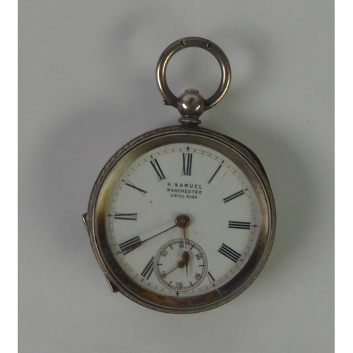 76 - H. SAMUEL, MANCHESTER, (retailer), SWISS MADE SILVER CASE OPEN FACED LADY'S POCKET WATCH with key wi... 