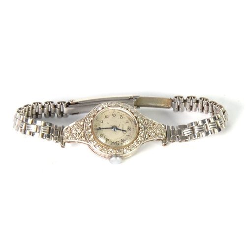 77 - LADY'S BAUME ART DECO PERIOD PLATINUM AND DIAMOND WRISTWATCH, with 17 jewels movement, small silvere... 