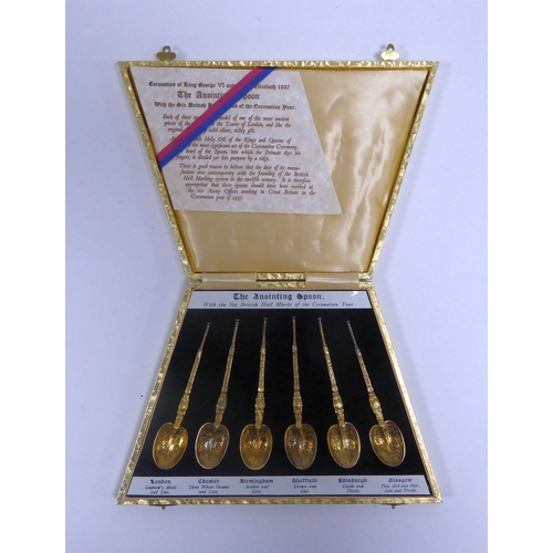 439 - ORIGINAL CASED SET OF SIX GEORGE VI (1937) CORONATION SOUVENIR SILVER-GILT REPLICA ANOINTING TEASPOO... 