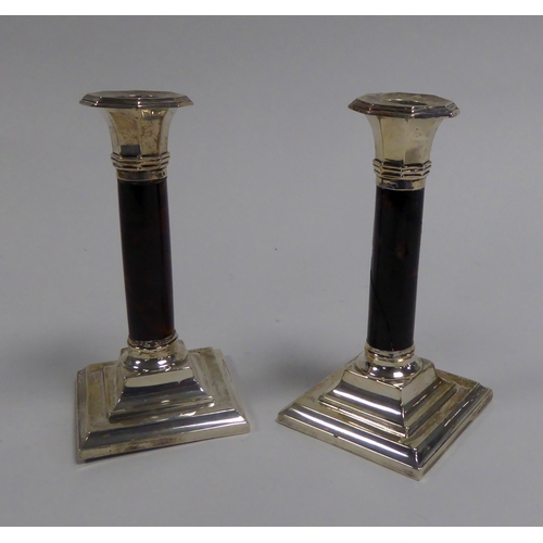 440 - PAIR OF INTER-WAR YEARS WEIGHTED SILVER and TORTOISESHELL CANDLESTICKS, on square bases, Birmingham ... 