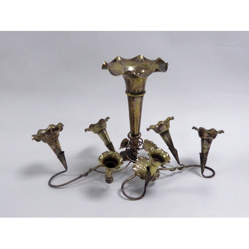 574 - ELECTROPLATED SEVEN VASE TABLE EPERGNE, the wire pattern stand applied with leaves and issuing the t... 