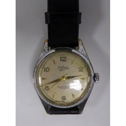 113A - 1960s BIFORA CHROMIUM PLATED BRASS CASED GENT'S WRISTWATCH, on leather strap, the back plate inscrib... 