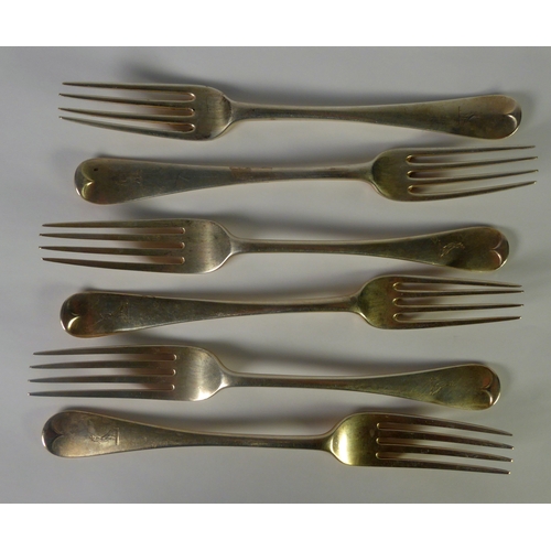 445 - THREE VICTORIAN SILVER OLD ENGLISH PATTERN CRESTED TABLE FORKS, London 1894, and THREE OTHERS CRESTE... 