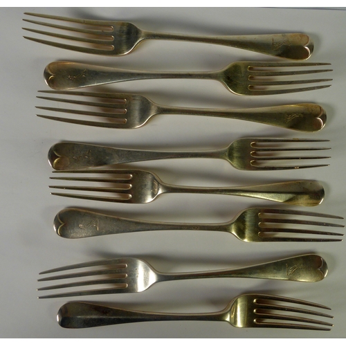 446 - SET OF FIVE VICTORIAN SILVER OLD ENGLISH PATTERN DESSERT FORKS, London 1896, THREE OTHERS, London 18... 