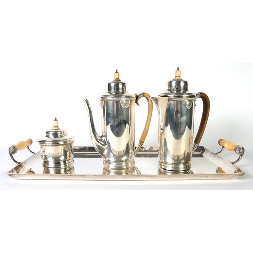 359 - ART DECO SILVER COFFEE SERVICE OF THREE PIECES, with high domed lids, embossed fan shaped motifs at ... 