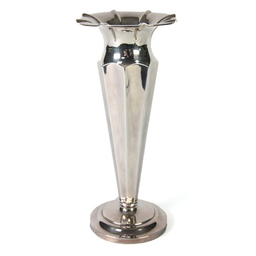 363 - EDWARDIAN SILVER LARGE TRUMPET SHAPED FLOWER VASE, with crimped turned-over top, broadly fluted side... 