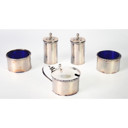 366 - SILVER CONDIMENT SET OF FIVE PIECES, plain cylindrical with embossed egg and dart borders, viz a mus... 