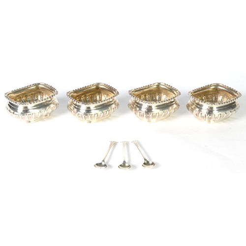 367 - SET OF FOUR EDWARDIAN SILVER SALT RECEIVERS, of Georgian style, bulbous oblong and semi-lobed, the t... 