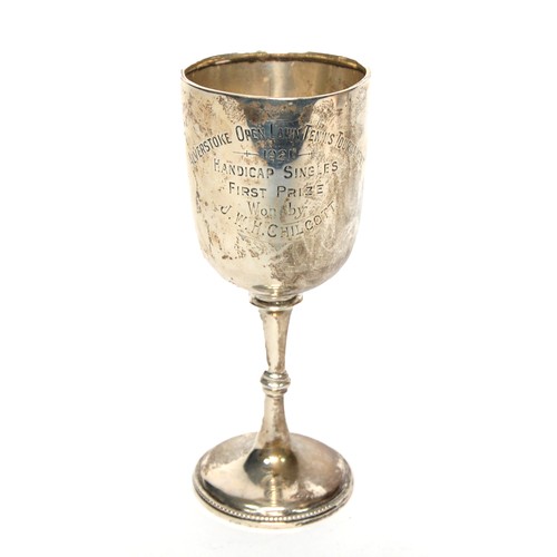 379 - SILVER LAWN TENNIS TROPHY GOBLET, with cup shaped bowl, on knopped stem and circular foot with beade... 