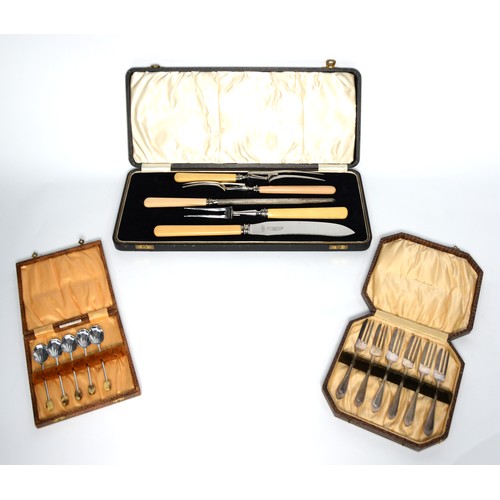 554 - THREE CASED SETS OF CUTLERY, comprising: MATCHED FIVE PIECE CARVING SET, with bone handles, SET OF S... 