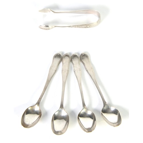 388 - PAIR OF VICTORIAN SILVER SMALL SUGAR TONGS, Sheffield 1895 and a SET OF FOUR SILVER TEASPOONS, Sheff... 