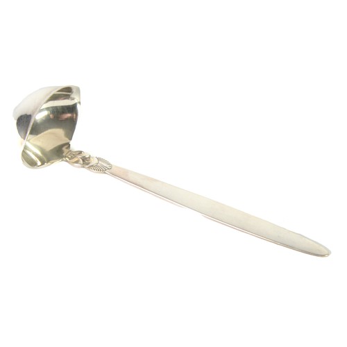 390 - GEORG JENSEN, DENMARK, SILVER SAUCE LADLE, the handle rising vertically from the double lipped oval ... 