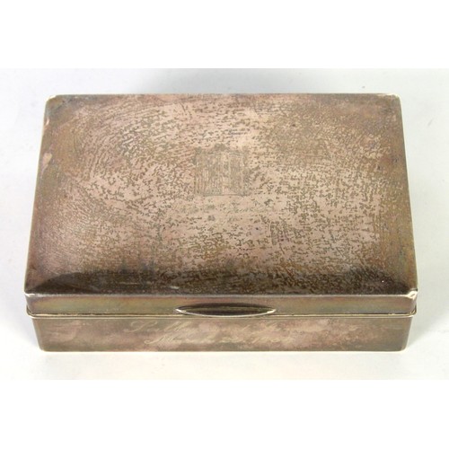 352 - SILVER COLOURED METAL TABLE CIGARETTE BOX presentation engraved 4 3/4