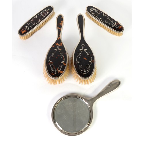 393 - LADY'S SILVER AND TORTOISESHELL DRESSING TABLE BRUSH SET OF 5 PIECES, the tortoiseshell backs having... 