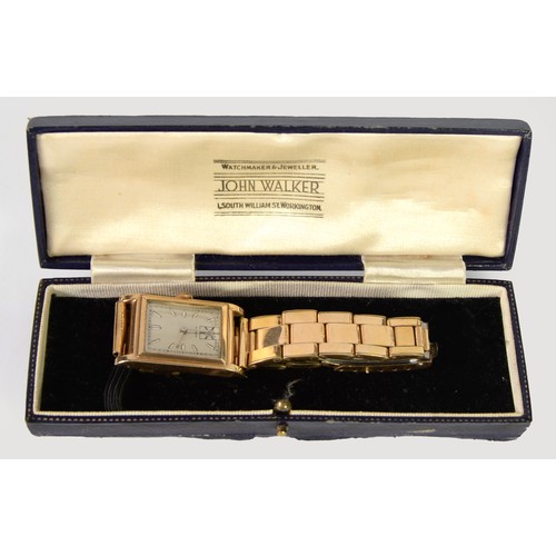 102 - ZENITH GENTS SWISS ART DECO 9CT GOLD WRISTWATCH with mechanical movement silvered rectangular dial w... 