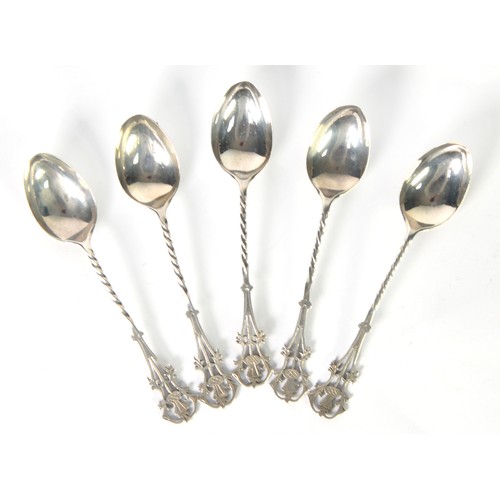 509 - SET OF 5 GEORGE I SILVER TEASPOONS THE ELABROATE HANDLES spirally twist and cut card pierced and eng... 