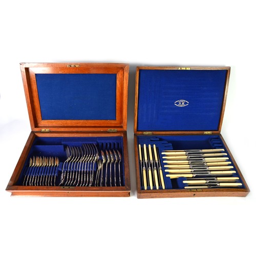 542 - JOSEPH ROGERS & SONS, SHEFFIELD, EDWARDIAN FIGURED MAHOGANY CUTLERY CASE CONTAINING AN ELECTROPL... 