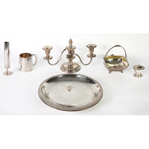 531 - ELECTROPLATE LOW THREE-LIGHT CANDELABRUM with two reed reflex scroll branches with flameau snuffer; ... 