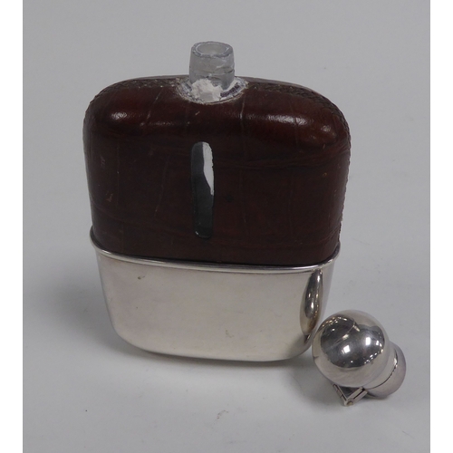 441 - MODERN SILVER MOUNTED TAN LEATHER SPIRIT FLASK with hinged cap (detached), Sheffield 1992