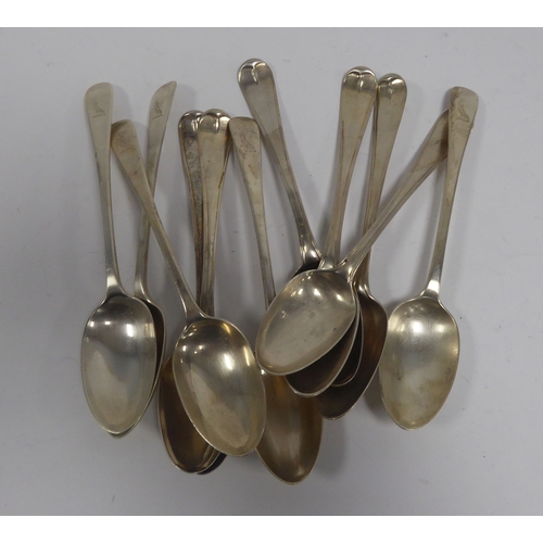 448 - SET OF FIVE EARLY TWENTIETH CENTURY SILVER OLD ENGLISH PATTERN CRESTED DESSERT SPOONS, London 1919, ... 